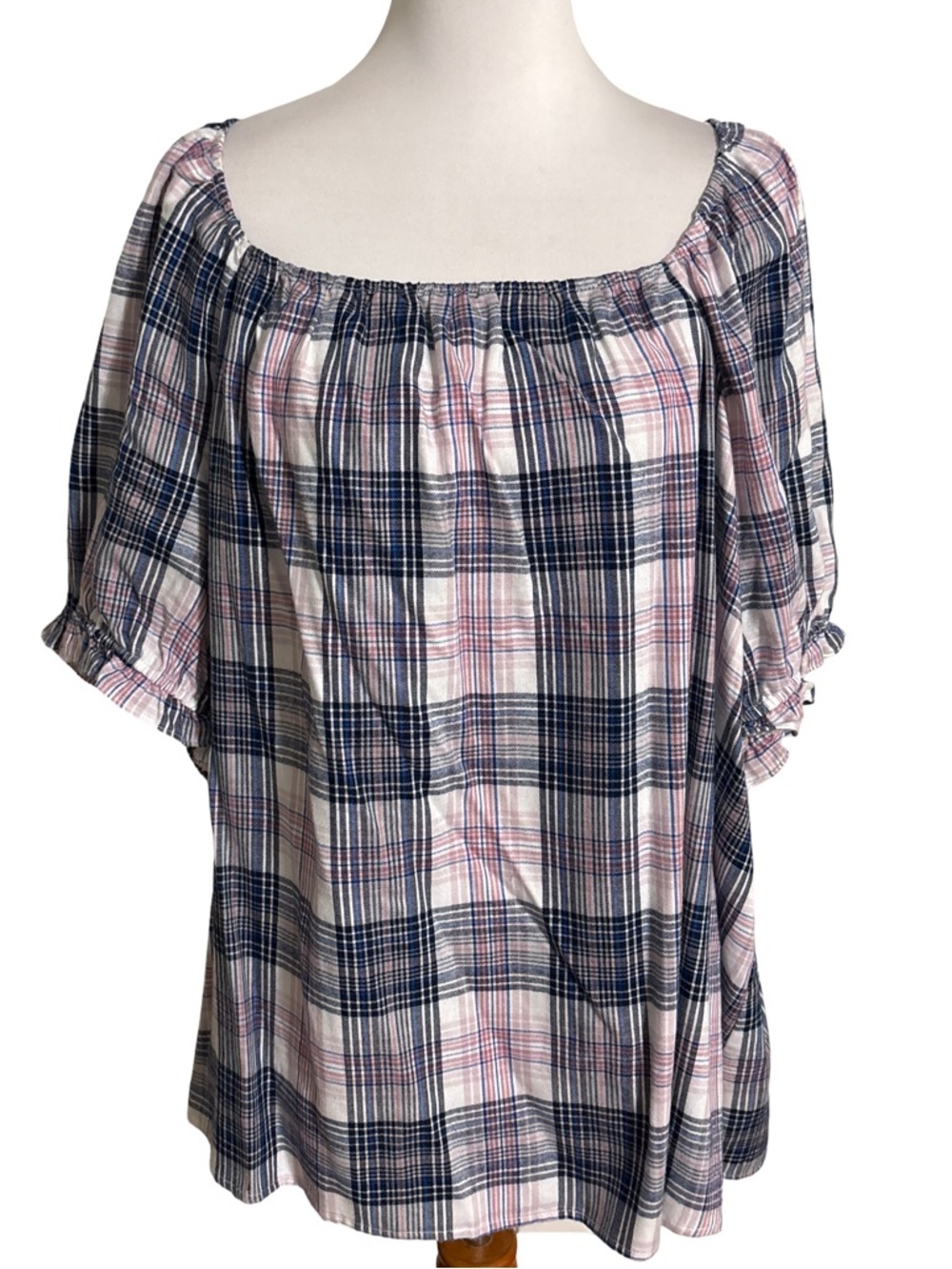 Lane Bryant Navy Pink Plaid Off Shoulder Blouse Size 24